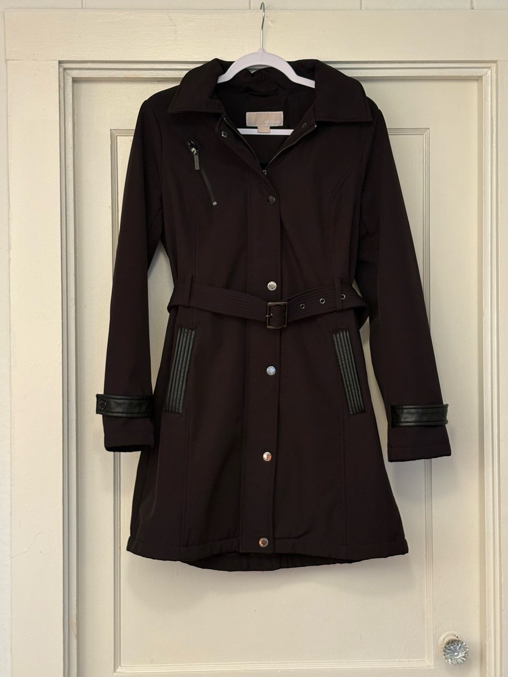 Michael Kors Black Leather-Trim Belted Trench